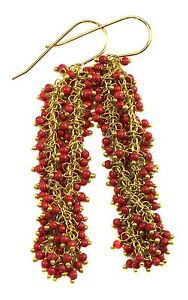 Red Simulated Coral Earrings 14k gold filled long dense cluster style 2.4 Inches