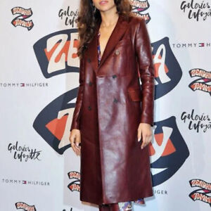 NEW Women's Genuine Lambskin Leather Long Trench Coat Designer Red Jacket