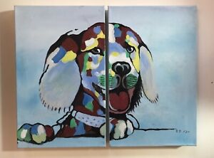 Original Art For Sale. Oil On Dual Canvas Of Colorful Dog By Local NY Artist