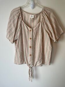 Ava & James Womens Button Shirt Tie Front Pink Beige Stripped Blouse Size 1X 104
