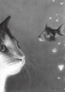 New Listingoriginal painting A5 118NO Artwork Oil dry brush Realism animal cat&fish Signed