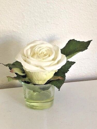 Artificial Silk White Rose Flower in Clear Vase with Faux Water