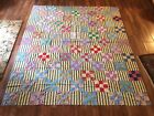 Vintage nine 9-Patch Quilt Top 1950s 71x84 Graphic Chartreuse Stripe ￼￼sashing!