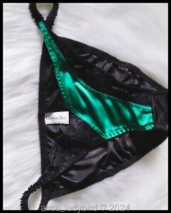 Vintage DIOR Shiny SATIN String Bikini PANTIES Silky Nylon Green Black LACE