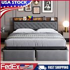 LED Light Full Queen Size Bed Frame with 2 Storage Drawers Upholstered Headboard