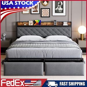 LED Light Full Queen Size Bed Frame with 2 Storage Drawers Upholstered Headboard