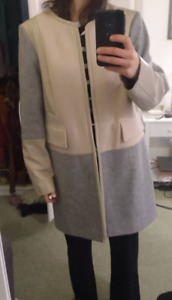 Laura Ashley women's coat jacket trench wool leather UK 18. Cream grey
