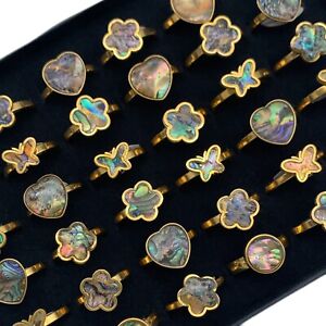Bulk Lots 24 Cute Gold Abalone Shell Rings Stainless Steel Women Fashion Jewelry