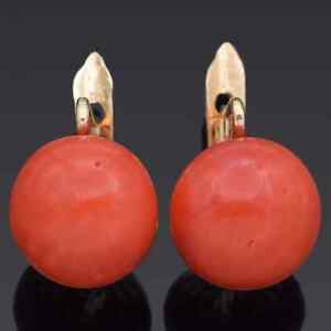Antique Vintage Round Red Coral Stud Earring 14k Rose Gold Plated Coral Earring