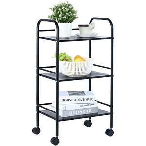 New Listing3 Tier Kitchen Rolling Cart Utility Cart on Wheel with Handle Shelf Black