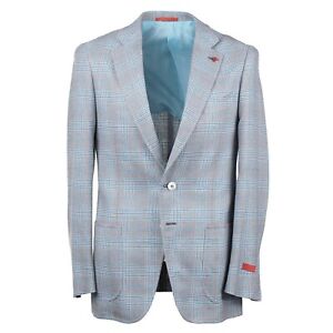 Isaia Gray and Aqua Blue Check Wool-Silk-Linen Sport Coat 38R (Eu 48)