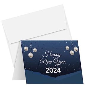 2024 Happy New Year Greeting Cards – Winter Snowy Blue Christmas Eve, Xmas, N...