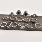 Women's Fashion Jewelry Vintage Bohemian 15 Ring Set Silver Gothic 83-1