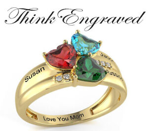 Personalized Gold 3 Heart Birthstone Mother's Ring -Engraved Mom Ring