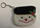 Vtg Beaded Snowman Coin Purse 2 Sided White Seed Beads Frosty Zip Top Key Ring