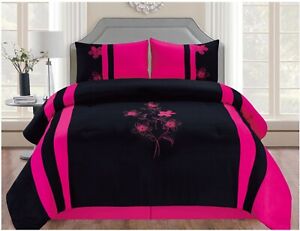 Embroidered Floral Pink and Black Comforter Set with Sheet Set!