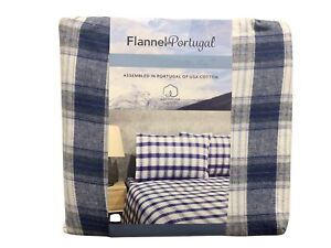 Flannel From Portugal Blue Plaid Flannel Sheet Set 4 Piece Queen 100% Cotton