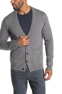 Qi Cashmere Men's Medium Grey 100% Cashmere V-Neck Cardigan Sweater $250