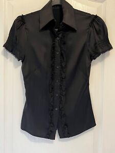 Bebe Women's Satin Button Front Blouse with Ruffles Size XS Color Black Pre-Own