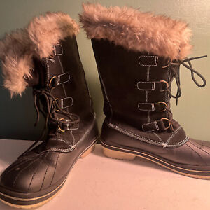 Women's Snow Boots Leather Suede Faux Fur Collar Size 11