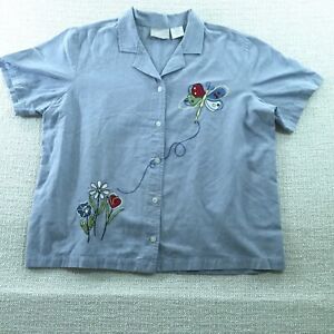 Blaire Top Womens XL Chambray Shirt Embroidered Flowers Button Up Lightweight