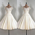 Short Wedding Dresses Vintage V Neck 1950s Tea Length Satin Retro Bridal Gown
