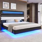 Floating Bed Frame with Tall Headboard & LED Lights PU Leather Upholstered Bed