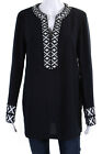 Tory Burch Womens Long Sleeve Embroidered Trim Tunic Top Navy Blue Size 12