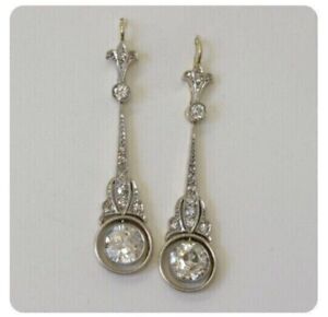 Vintage Art Deco Style Round Diamond Drop Dangle Earrings 14K White Gold Finish