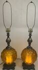 Vintage Pair Amber Glass Globe Hollywood Regency Table Lamps 3 Way 70s Loevsky