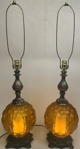 New ListingVintage Pair Amber Glass Globe Hollywood Regency Table Lamps 3 Way 70s Loevsky