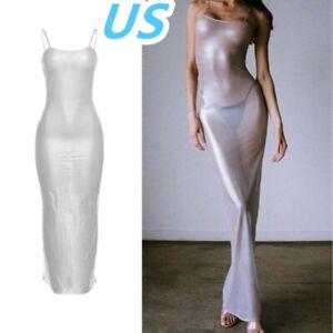 US Womens See Through Bodycon Maxi Dress Sexy Spaghetti Straps Dress Nightwear