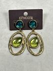 Chicos Earrings Blue Green Crystal Brutalist Modernist Gold Tone 2.25