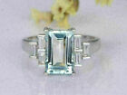 3Ct Emerald Cut Aquamarine Diamond Solitaire Engagement Ring 14K White Gold Ove