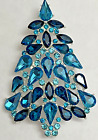Vintage Christmas Tree Aqua Blue Crystal Rhinestone Brooch Pin Glass Holiday Ice