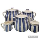 ✨Vintage LAURIE GATES Los Angeles Pottery 3 Canisters Sugar Creamer Blue Stripes