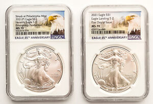 2021 $1 T1 (p) Emergency Production ER and T2  FDOI Silver Eagle Set NGC MS70