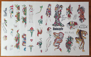 Set Of 8 Dave Gibson Traditional Vintage Lucky's Tattoo Flash Production Sheets!