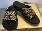 Oofos ooahh slide sandals shiny black with leopard strap size M6 W8