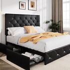Sifurni Upholstered Bed Frame & 4 Storage Drawers and Diamond Headboard, Black