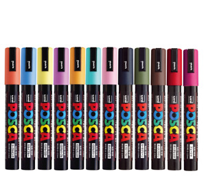 Posca Paint Pens Markers Medium Point Set PC-5M | 12 Pastel & Dark Colors