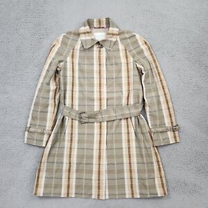 Banana Republic Trench Coat Womens Medium Green Beige Plaid Belted Button