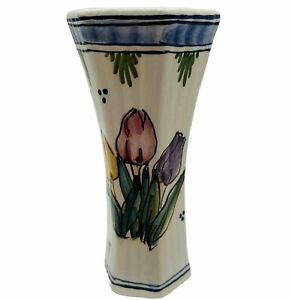 Vintage Bud Vase Delfts Poly Holland USA Hand Painted Spring Tulips Signed 5.5