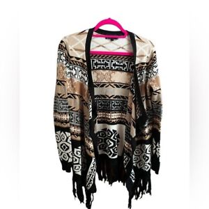 Hale Bon Fringe Aztec Boho Long Sleeve Wrap Sweater Cardigan Womens Medium
