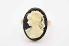 Vintage Cameo Ring Adjustable Oval Gold Tone Black White Woman NOS 1980s BinA9