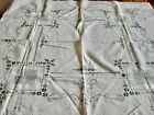 Vtg. Table Topper/Card Table Cover-Wht. w/Green Embroidery - 32x34 In.  VGC