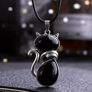 Natural Obsidian Crystal Stone Cat Necklace Pendant Healing Gemstone Jewelry New