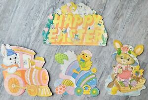 LOT Vintage VTG Flocked Easter Bunny Rabbit Holiday Paper Die Cut Decorations