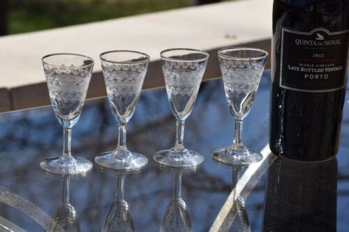 4 Antique Needle Etched Port Wine ~ Liqueur Glasses, circa 1920's, 2 oz