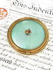 Vintage Gold Tone Aqua Blue Green Faux Guilloche Enamel Mirror Compact